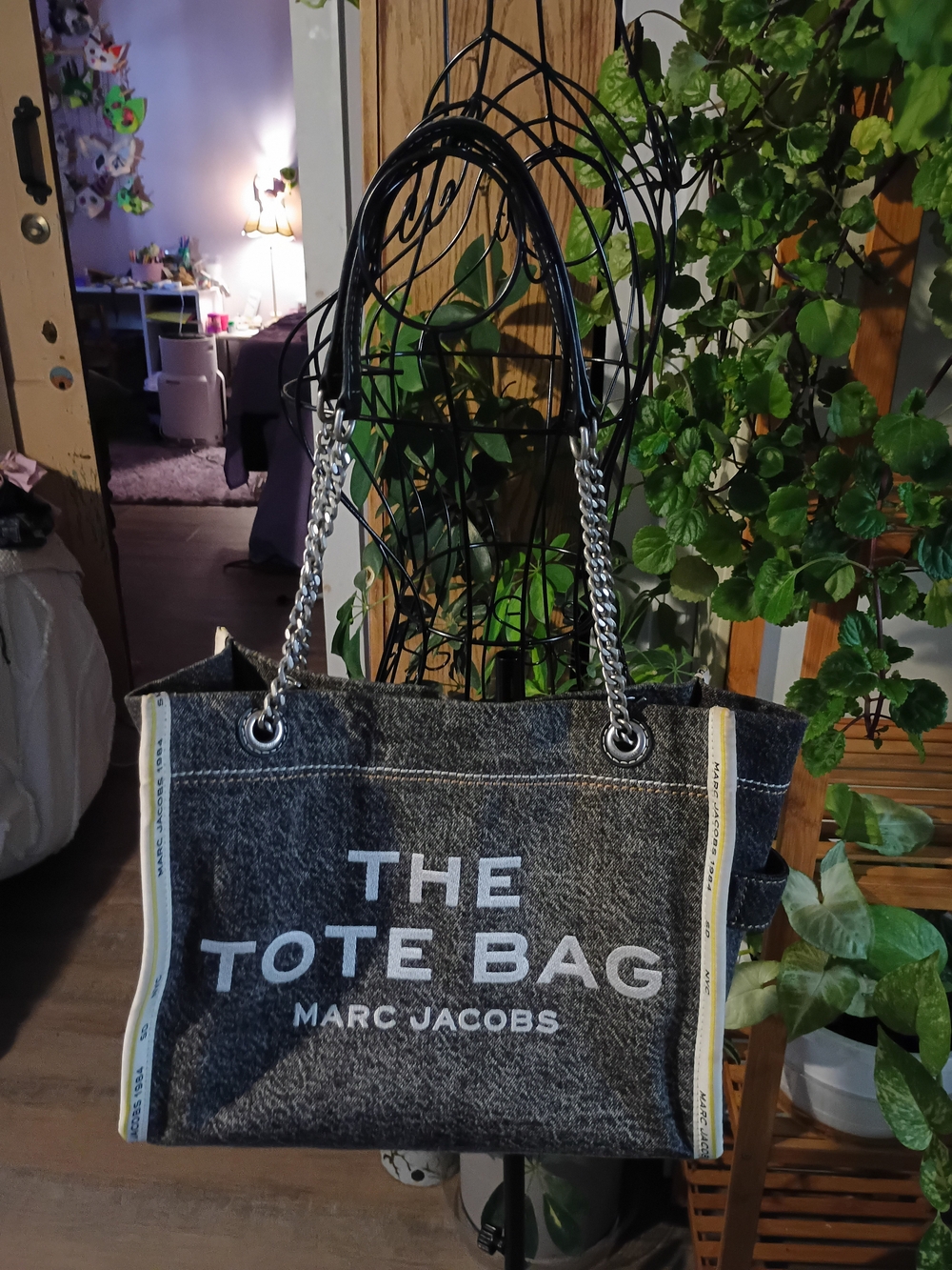 Marc Jacobs Gray Felt Tote with Yellow Trim and Chain Handles
